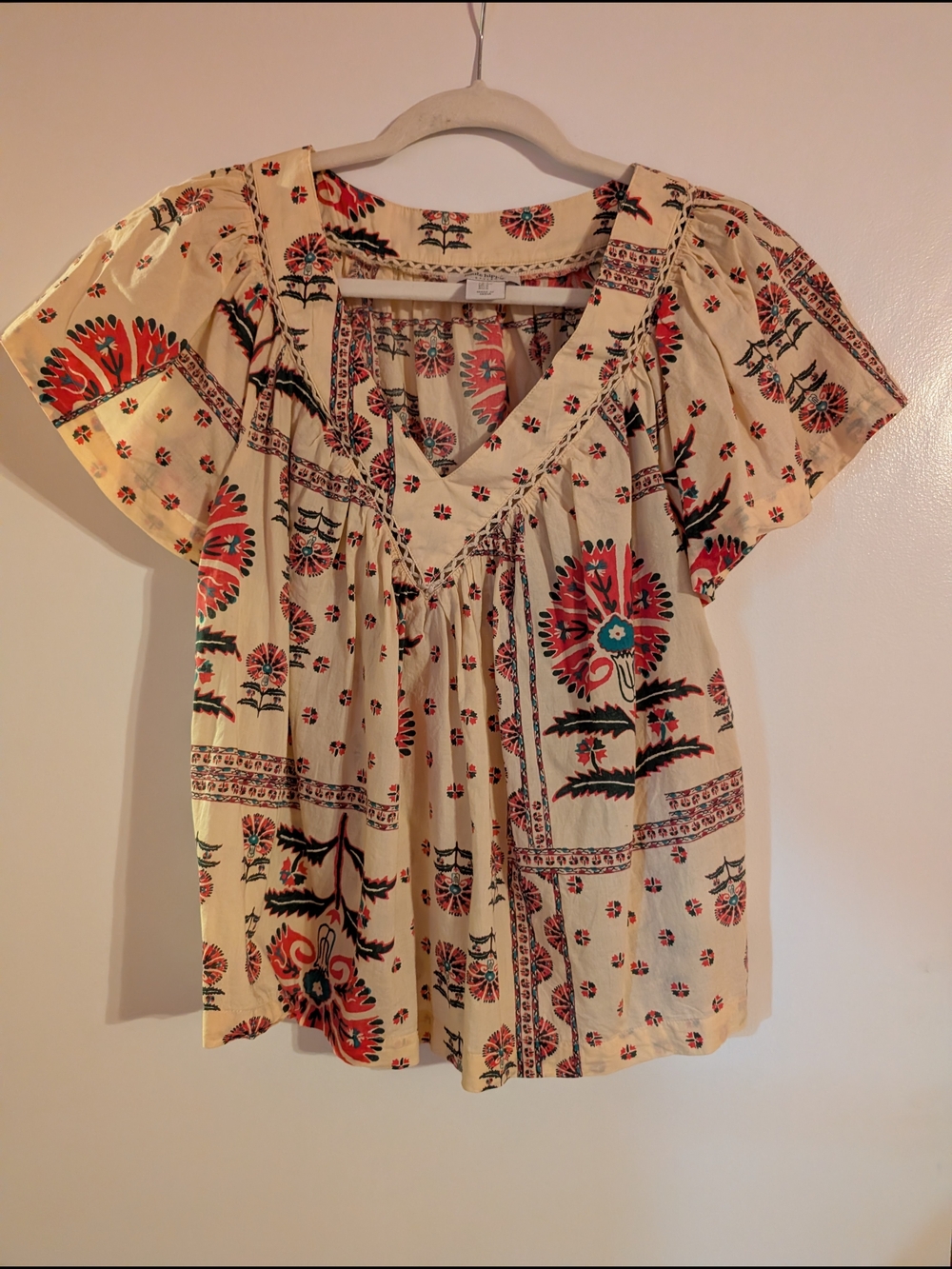 Haute Hippie Cream Floral Peasant Blouse with Red & Green Accents